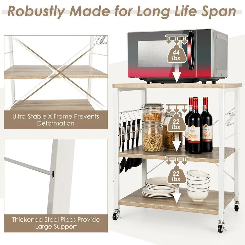 3-Tier Kitchen Baker's Rack Microwave Oven Storage Cart with Hooks - 23.5 x 16 x 29 (L x W x H)