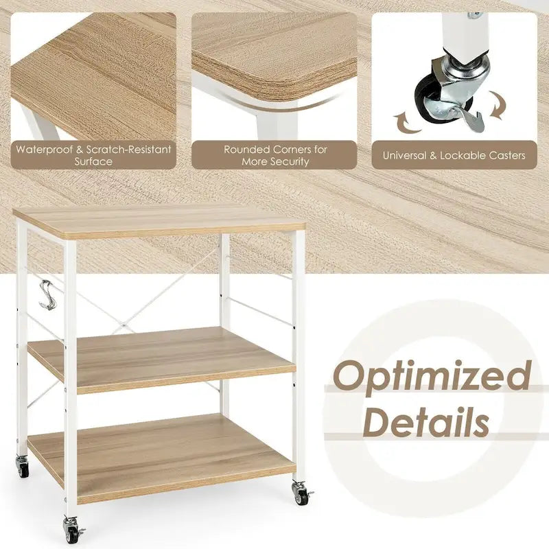 3-Tier Kitchen Baker's Rack Microwave Oven Storage Cart with Hooks - 23.5 x 16 x 29 (L x W x H)