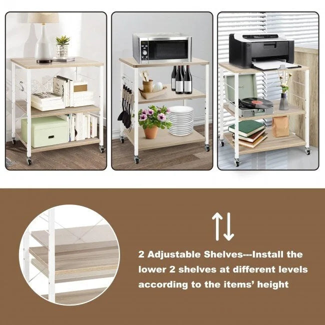 3-Tier Kitchen Baker's Rack Microwave Oven Storage Cart with Hooks - 23.5 x 16 x 29 (L x W x H)