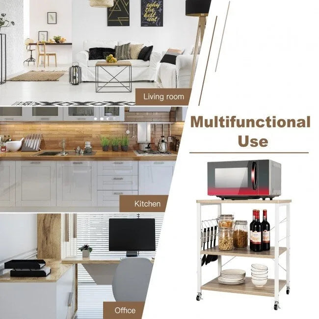 3-Tier Kitchen Baker's Rack Microwave Oven Storage Cart with Hooks - 23.5 x 16 x 29 (L x W x H)