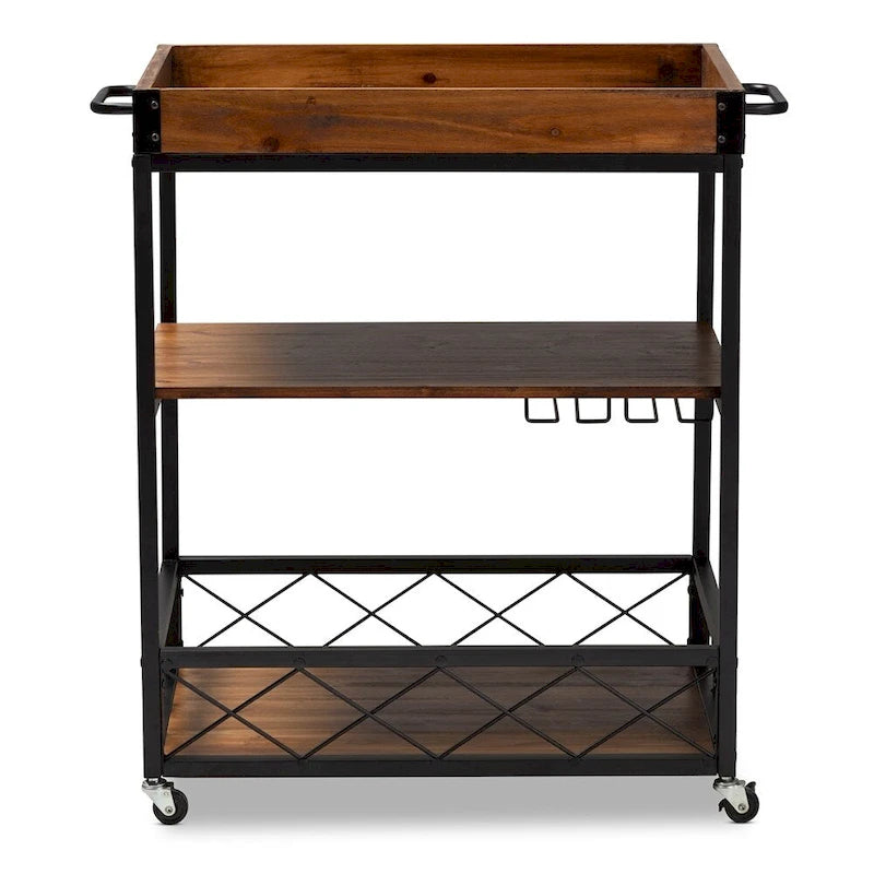 Capri Vintage Rustic Industrial Oak Brown and Black Finished Mobile Metal Bar Cart with Stemware Rack