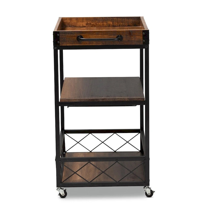 Capri Vintage Rustic Industrial Oak Brown and Black Finished Mobile Metal Bar Cart with Stemware Rack