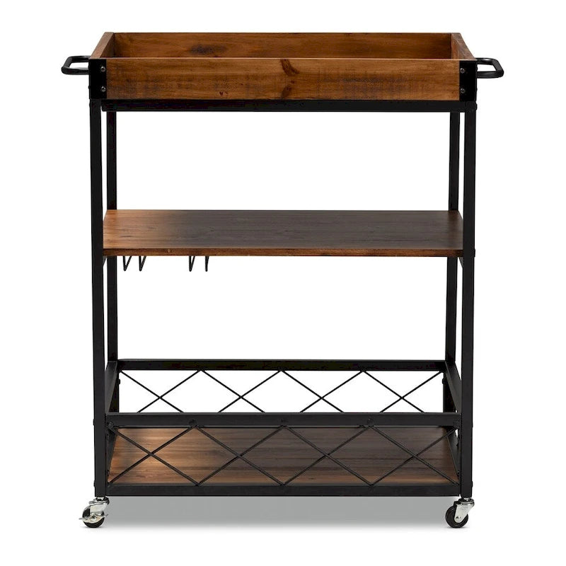 Capri Vintage Rustic Industrial Oak Brown and Black Finished Mobile Metal Bar Cart with Stemware Rack