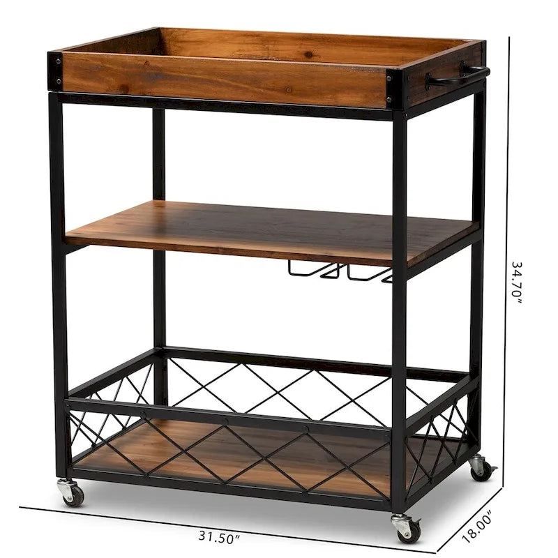 Capri Vintage Rustic Industrial Oak Brown and Black Finished Mobile Metal Bar Cart with Stemware Rack