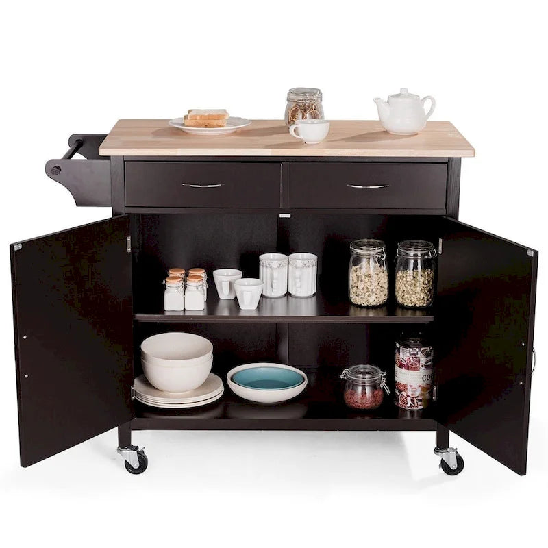 Brown Kitchen Island Storage Cart with Wood Top and Casters - 43 x 19.5 x 35.5 (L x W x H)