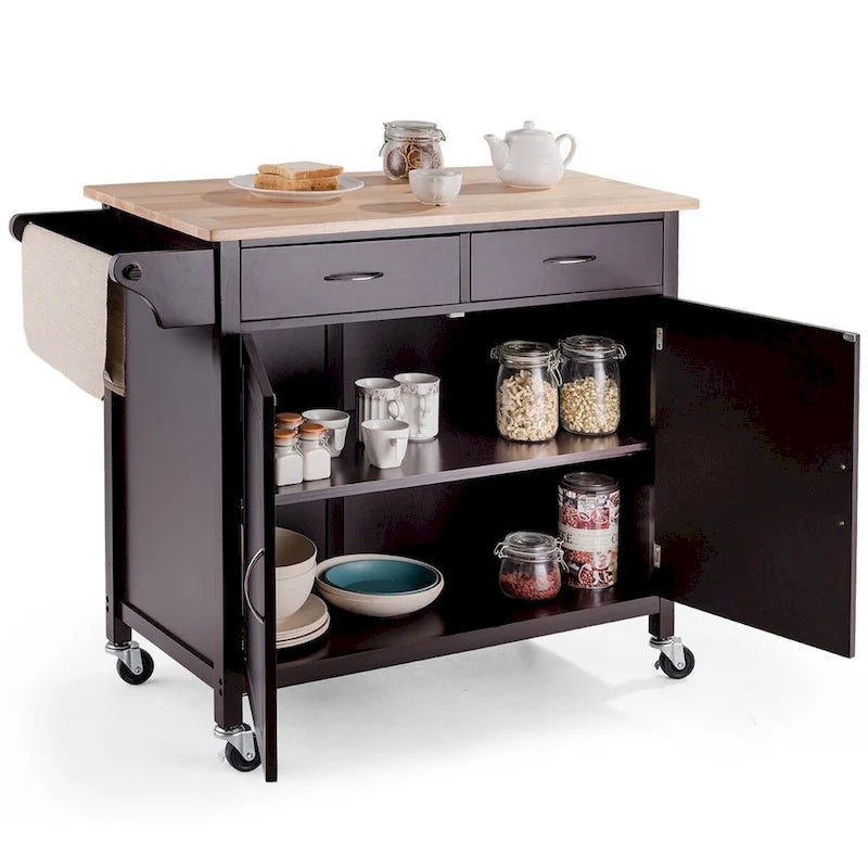 Brown Kitchen Island Storage Cart with Wood Top and Casters - 43 x 19.5 x 35.5 (L x W x H)