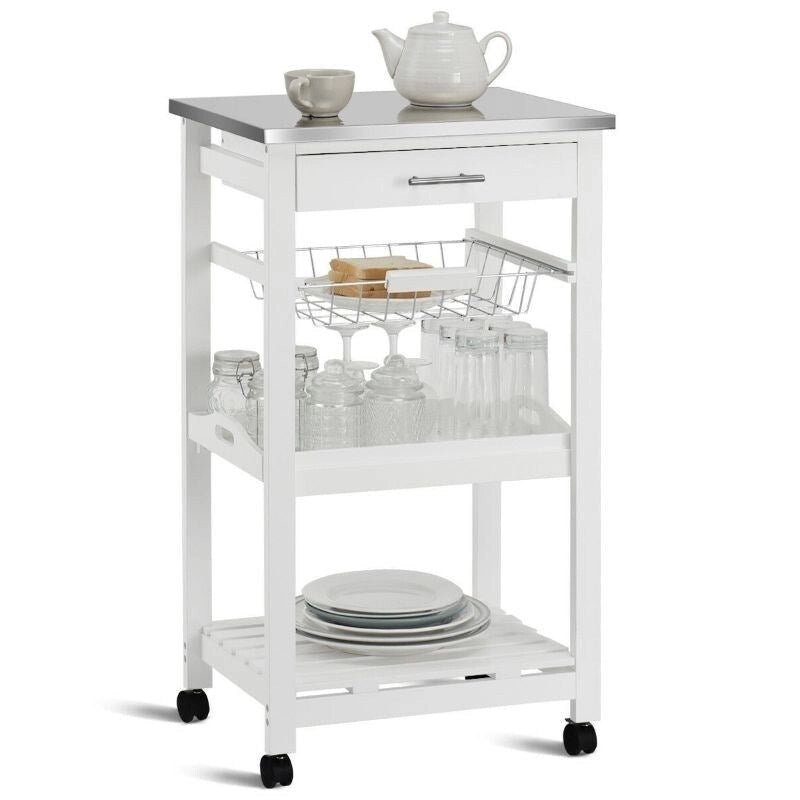 White Kitchen Cart with Storage Drawer and Stainless Steel Top - 18.5 x 14.5 x 33 ( L x W x H )