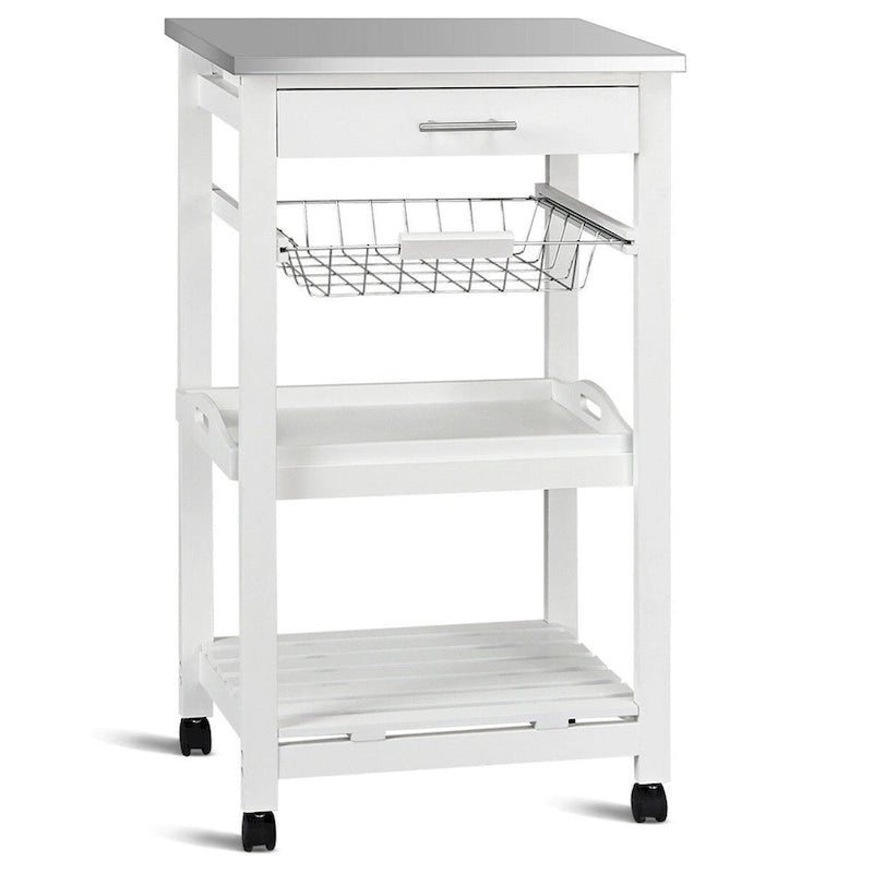 White Kitchen Cart with Storage Drawer and Stainless Steel Top - 18.5 x 14.5 x 33 ( L x W x H )