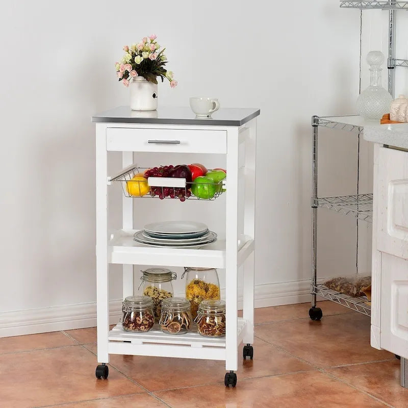 White Kitchen Cart with Storage Drawer and Stainless Steel Top - 18.5 x 14.5 x 33 ( L x W x H )