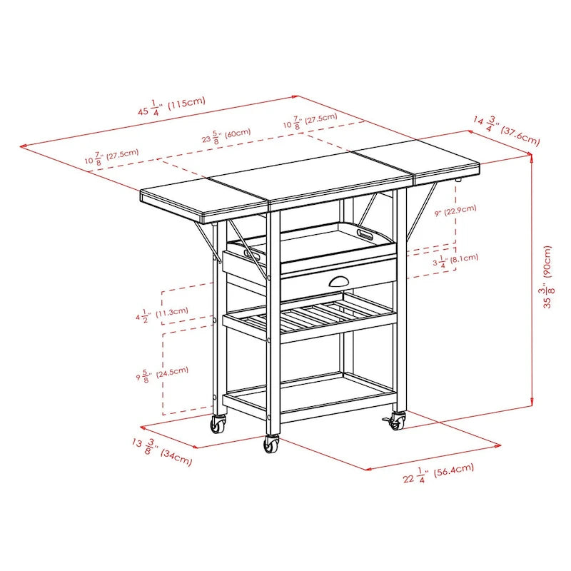 Barton Utility Kitchen Cart, Drop Leaf, Bamboo - 45.28 x 15.16 x 35.43 inches