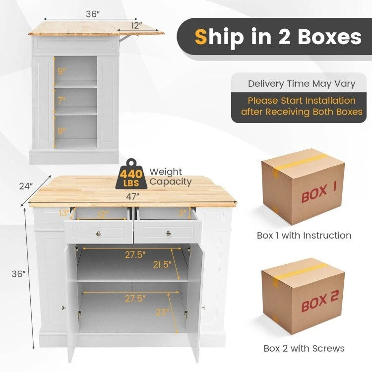 Kitchen Island with Storage and 3-Level Adjustable Shelves - 47 x 36 x 36 (L x W x H)