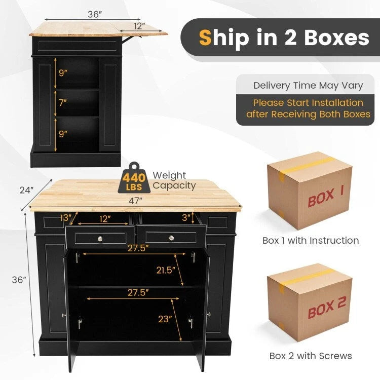 Kitchen Island with Storage and 3-Level Adjustable Shelves - 47 x 36 x 36 (L x W x H)