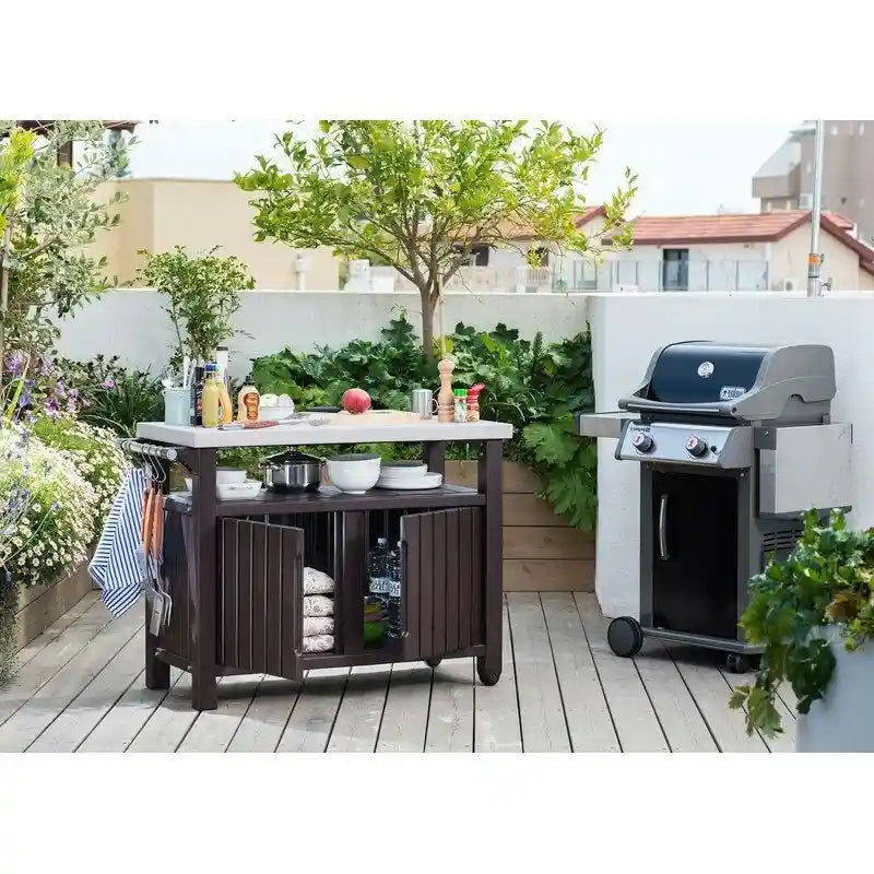 Outdoor Grill Party Caster Bar Serving Cart with Storage Dark Brown - 35.4 H x 48.7 W x 20.4 D