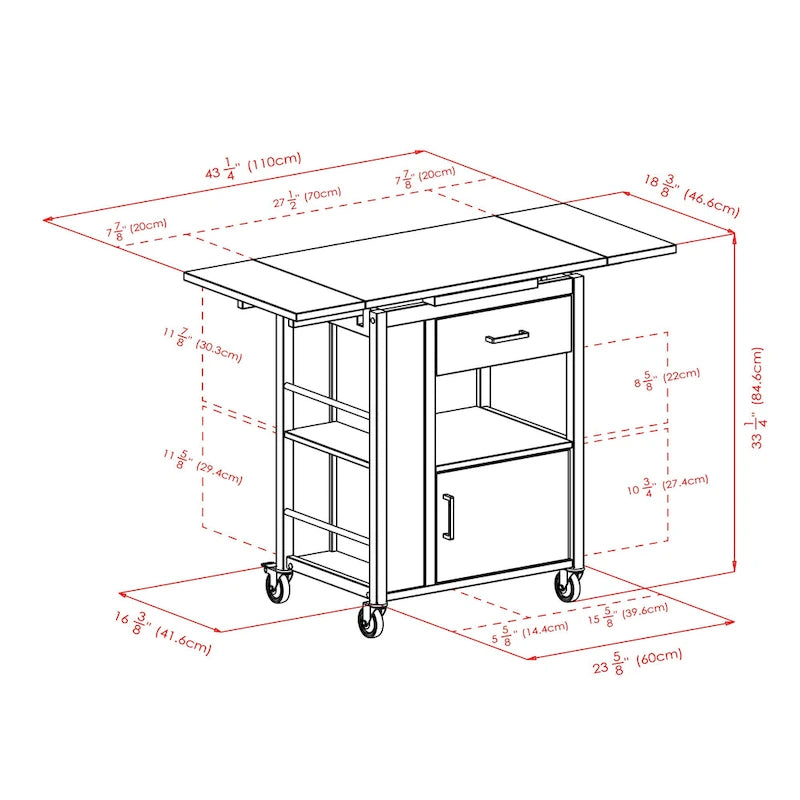 Gregory Extendable Top Kitchen Cart, Walnut - 27.56 x 18.35 x 33.46 inches