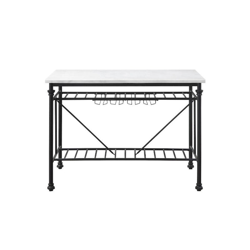 Marble Top Kitchen Island with Wine Glass Storage in White and Gray
