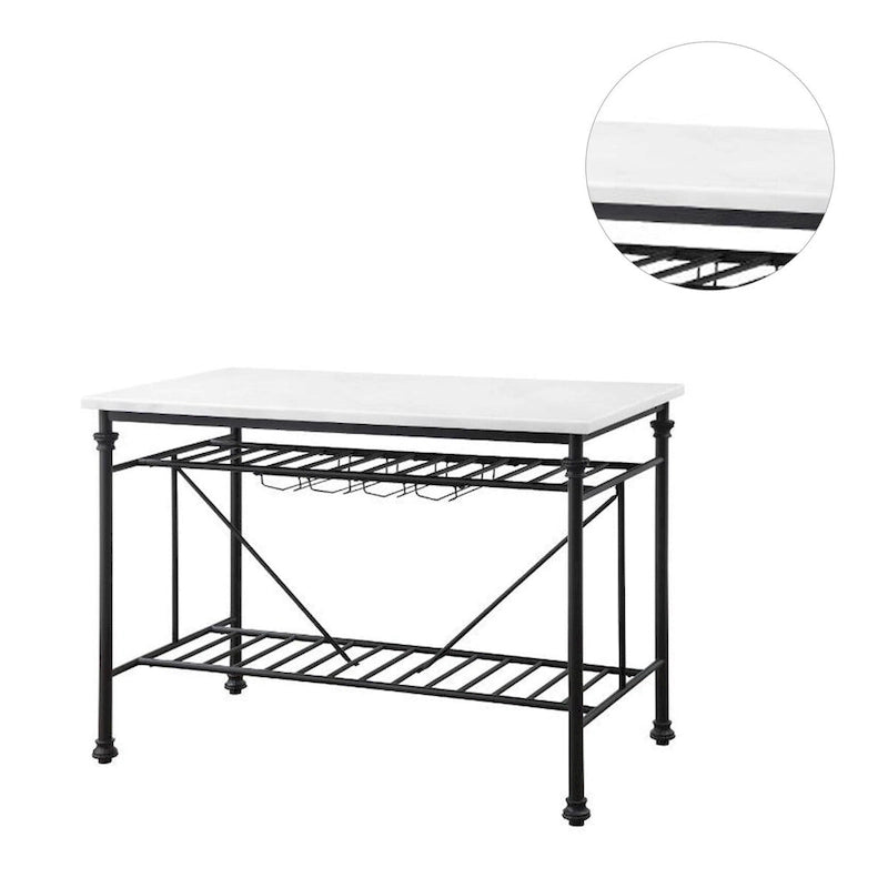 Marble Top Kitchen Island with Wine Glass Storage in White and Gray