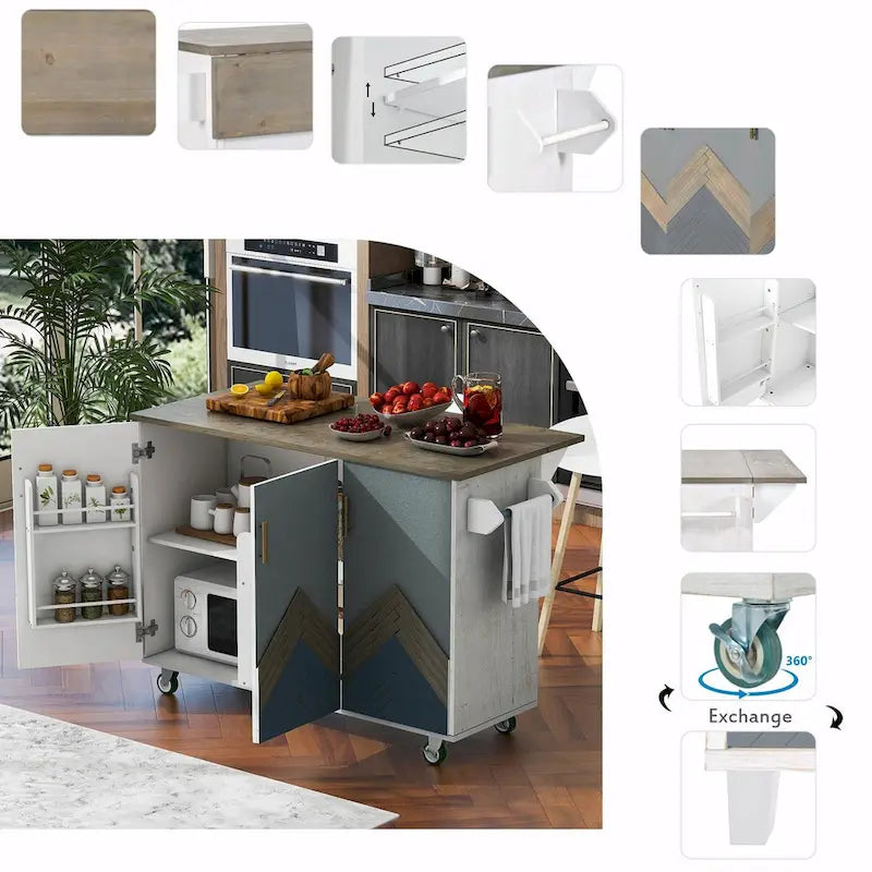 47 Retro Wood Kitchen Island with Drop Leaf, Farmhouse Style on Wheels, Internal Storage