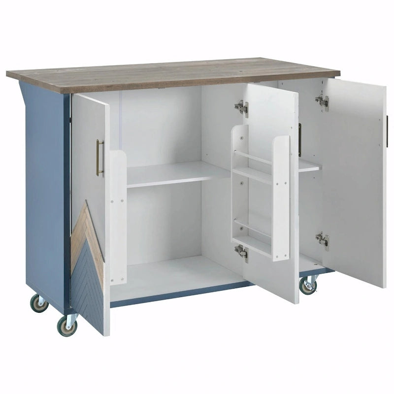 47 Retro Wood Kitchen Island with Drop Leaf, Farmhouse Style on Wheels, Internal Storage