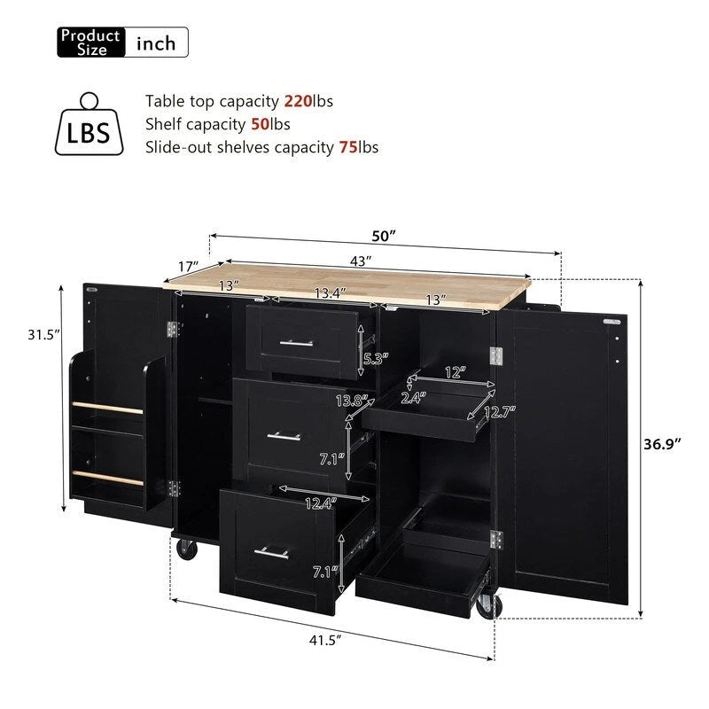 Rolling Kitchen Island Cart on Wheels with Storage,2 Slide-Out Shelf and Internal Storage Rack