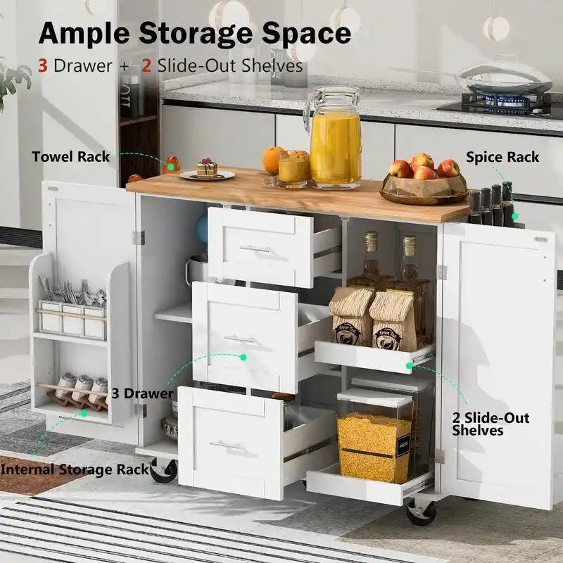 Rolling Kitchen Island Cart on Wheels with Storage,2 Slide-Out Shelf and Internal Storage Rack