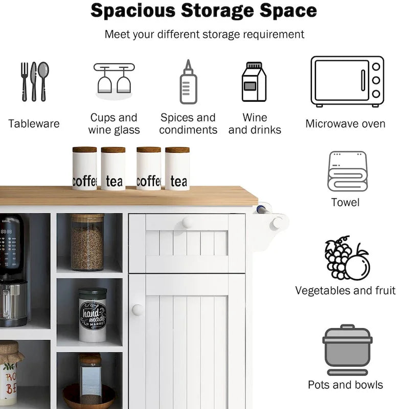 Island Cart with Storage Cabinet and Two Locking Wheels, wood desktop,Microwave cabinet,Floor Standing Buffet Server Sideboard