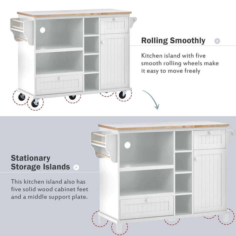 Island Cart with Storage Cabinet and Two Locking Wheels, wood desktop,Microwave cabinet,Floor Standing Buffet Server Sideboard