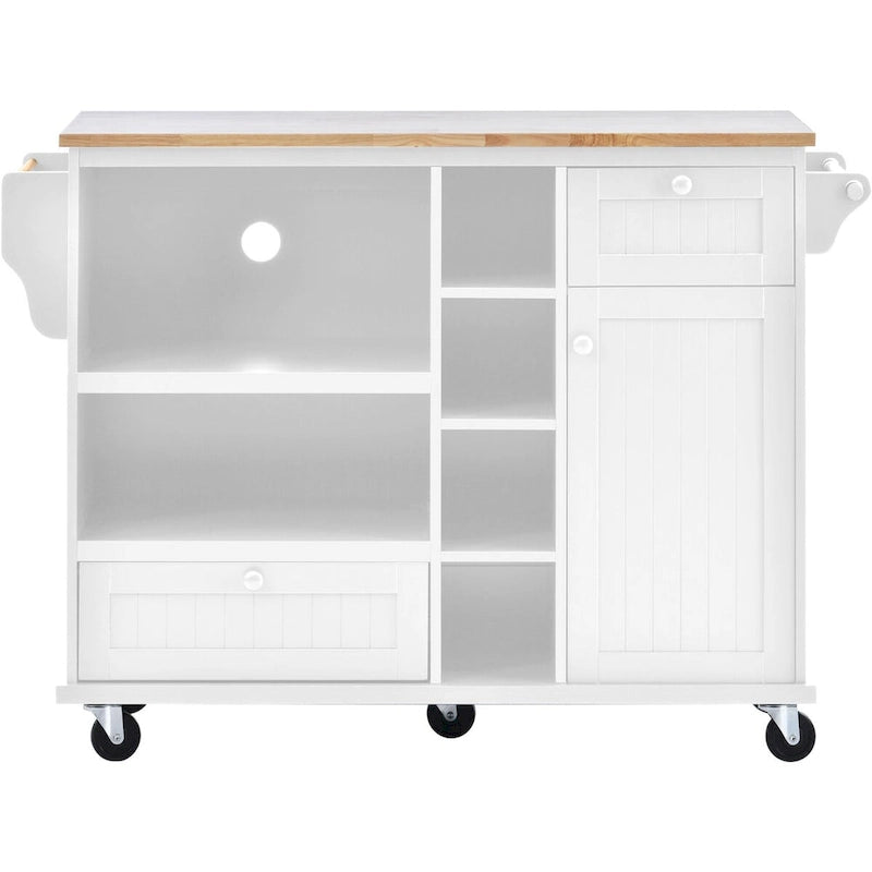 Island Cart with Storage Cabinet and Two Locking Wheels, wood desktop,Microwave cabinet,Floor Standing Buffet Server Sideboard