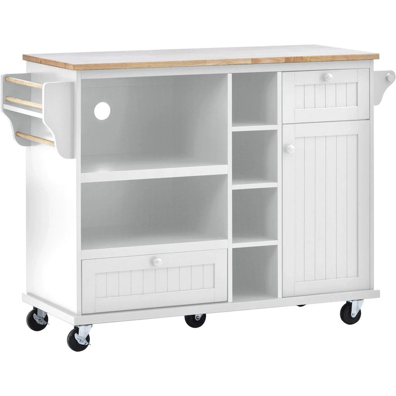 Island Cart with Storage Cabinet and Two Locking Wheels, wood desktop,Microwave cabinet,Floor Standing Buffet Server Sideboard