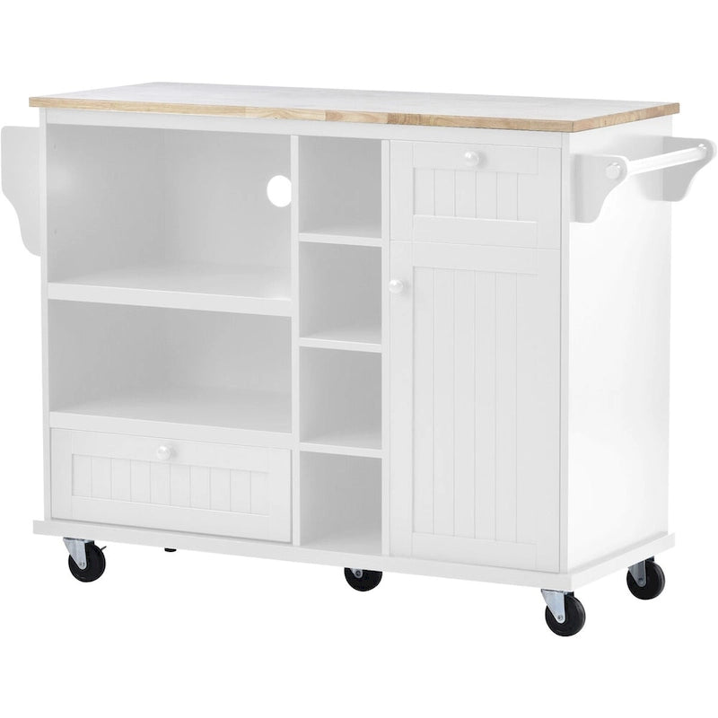 Island Cart with Storage Cabinet and Two Locking Wheels, wood desktop,Microwave cabinet,Floor Standing Buffet Server Sideboard