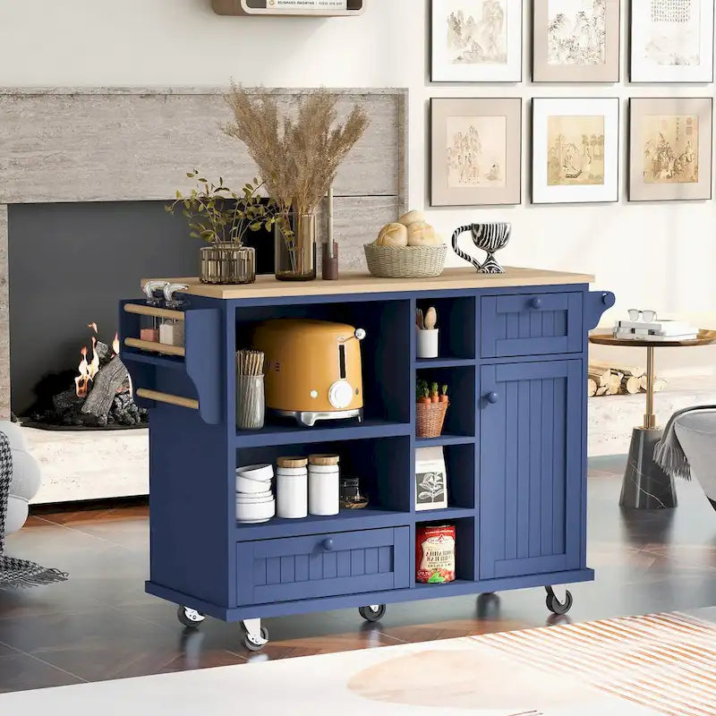 Island Cart with Storage Cabinet and Two Locking Wheels, wood desktop,Microwave cabinet,Floor Standing Buffet Server Sideboard