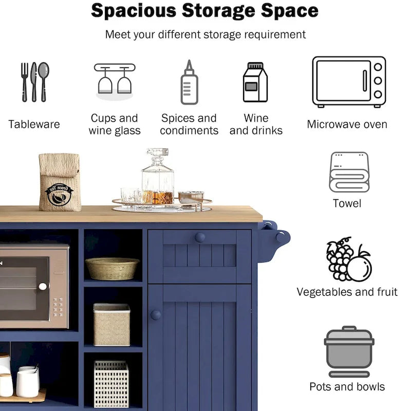 Island Cart with Storage Cabinet and Two Locking Wheels, wood desktop,Microwave cabinet,Floor Standing Buffet Server Sideboard