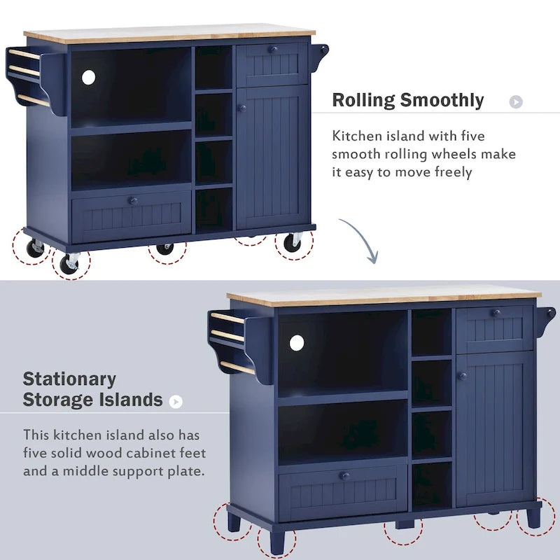 Island Cart with Storage Cabinet and Two Locking Wheels, wood desktop,Microwave cabinet,Floor Standing Buffet Server Sideboard