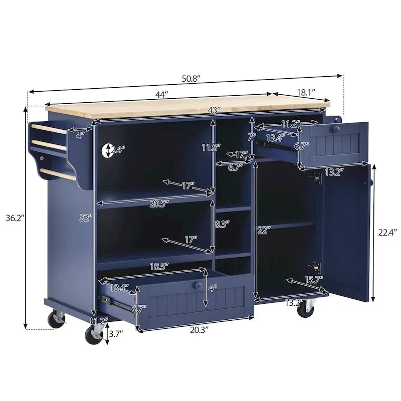 Island Cart with Storage Cabinet and Two Locking Wheels, wood desktop,Microwave cabinet,Floor Standing Buffet Server Sideboard