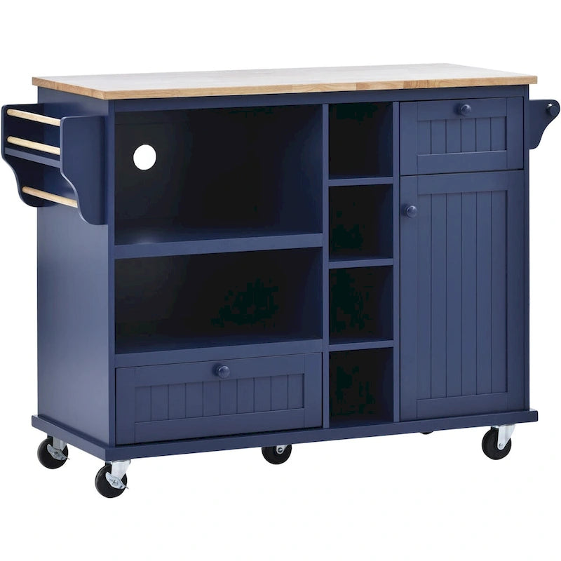 Island Cart with Storage Cabinet and Two Locking Wheels, wood desktop,Microwave cabinet,Floor Standing Buffet Server Sideboard
