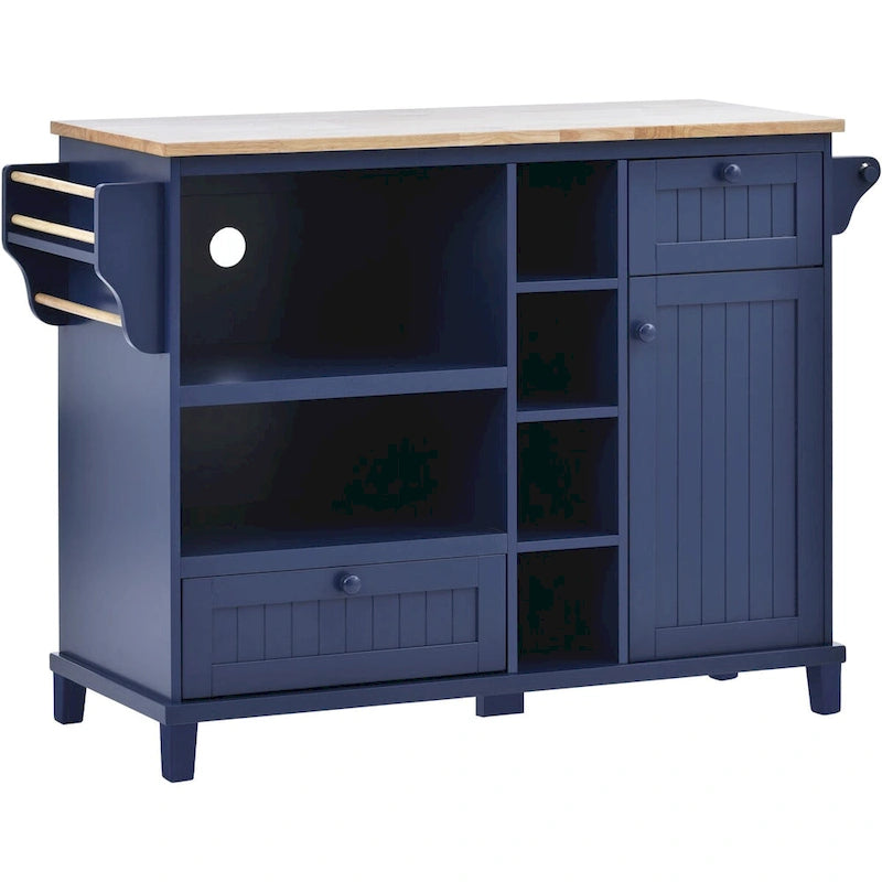 Island Cart with Storage Cabinet and Two Locking Wheels, wood desktop,Microwave cabinet,Floor Standing Buffet Server Sideboard