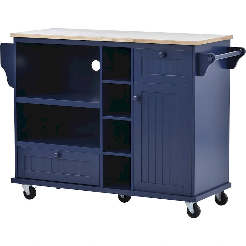 Island Cart with Storage Cabinet and Two Locking Wheels, wood desktop,Microwave cabinet,Floor Standing Buffet Server Sideboard