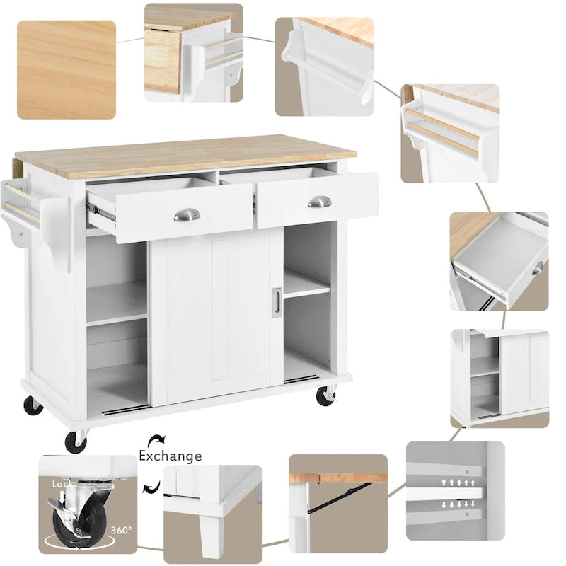 Kitchen Cart with Rubber wood Drop-Leaf Countertop, sliding barn door