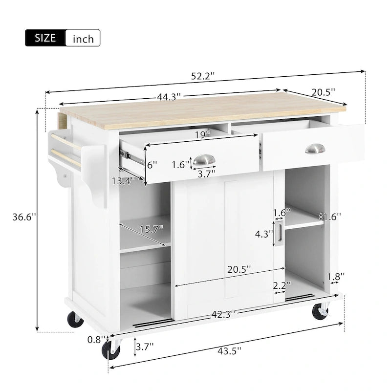 Kitchen Cart with Rubber wood Drop-Leaf Countertop, sliding barn door