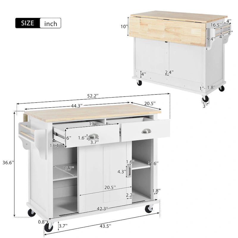 Kitchen Cart with Rubber wood Drop-Leaf Countertop, sliding barn door