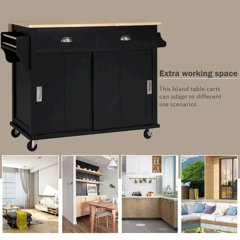 Kitchen Cart with Rubber wood Drop-Leaf Countertop, sliding barn door