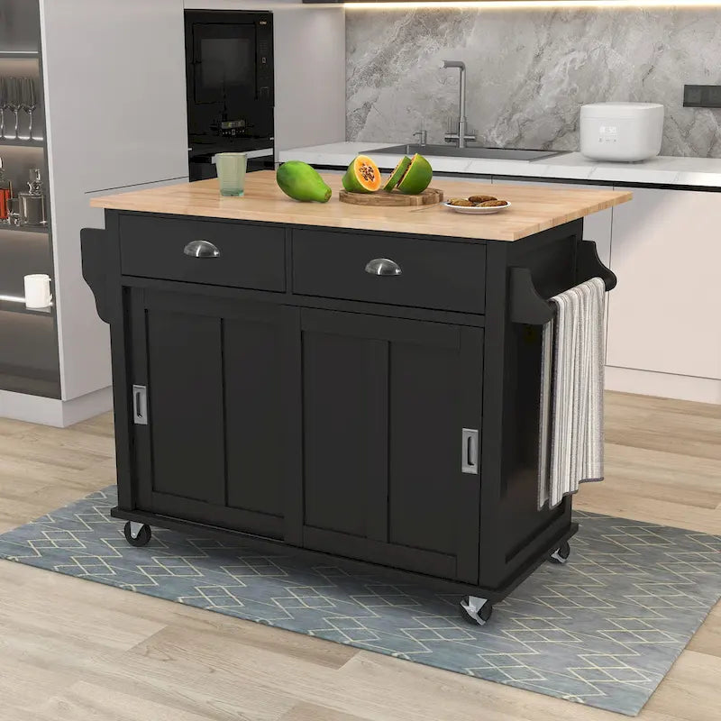 Kitchen Cart with Rubber wood Drop-Leaf Countertop, sliding barn door