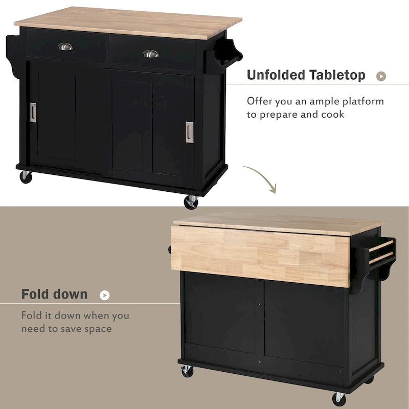 Kitchen Cart with Rubber wood Drop-Leaf Countertop, sliding barn door