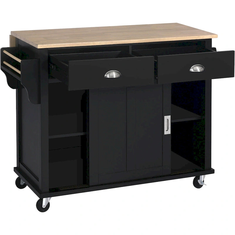 Kitchen Cart with Rubber wood Drop-Leaf Countertop, sliding barn door