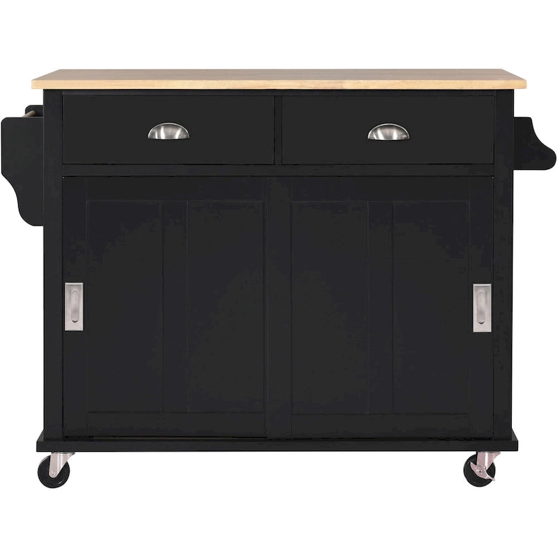 Kitchen Cart with Rubber wood Drop-Leaf Countertop, sliding barn door