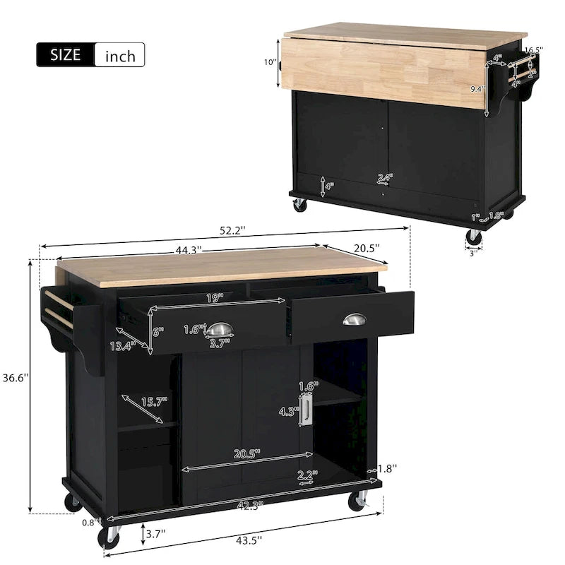 Kitchen Cart with Rubber wood Drop-Leaf Countertop, sliding barn door