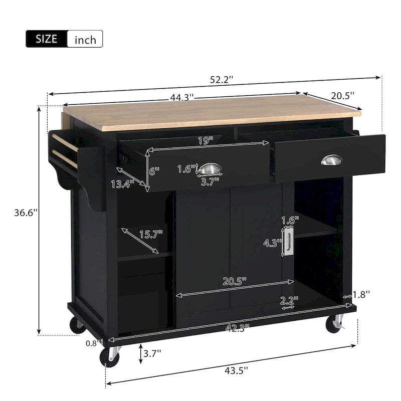 Kitchen Cart with Rubber wood Drop-Leaf Countertop, sliding barn door