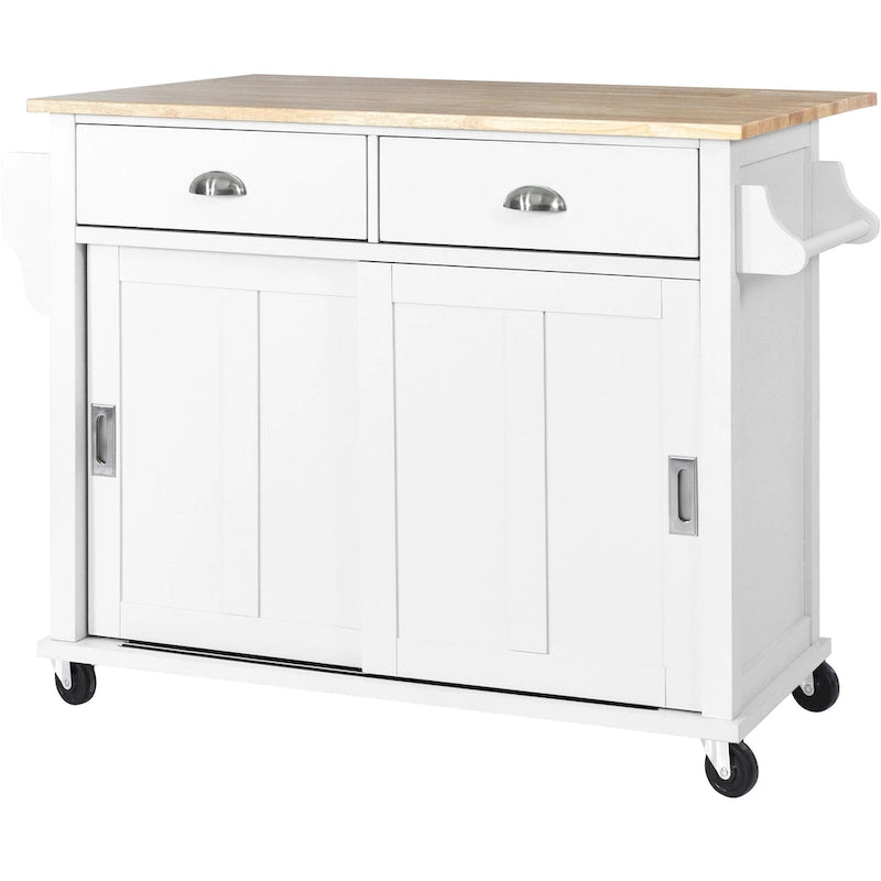 Kitchen Cart with Rubber wood Drop-Leaf Countertop, sliding barn door