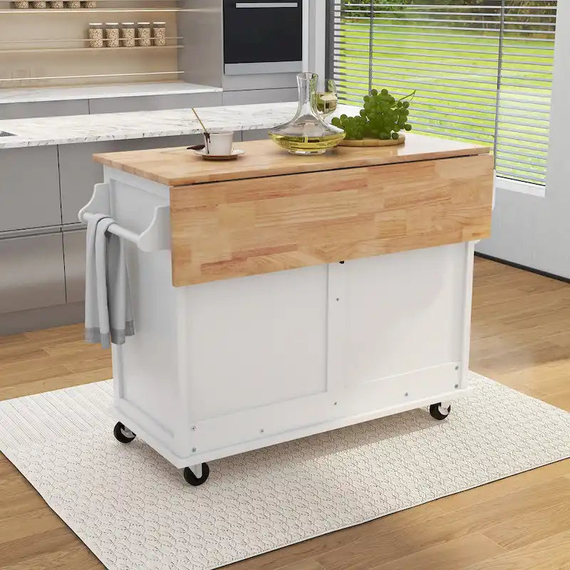 Kitchen Cart with Rubber wood Drop-Leaf Countertop, sliding barn door