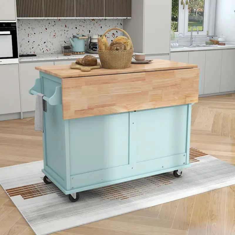 Kitchen Cart with Rubber wood Drop-Leaf Countertop, sliding barn door