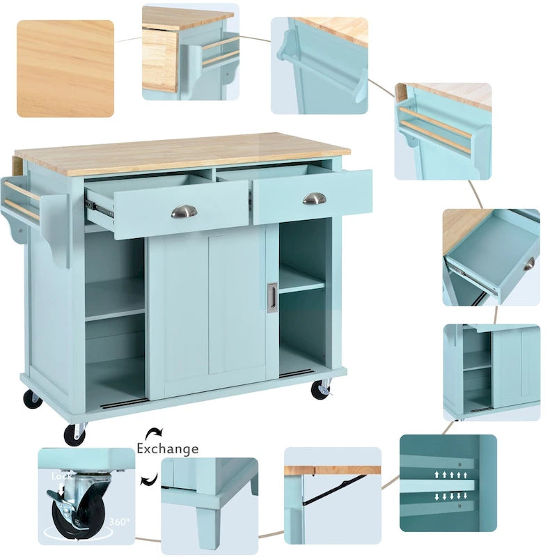 Kitchen Cart with Rubber wood Drop-Leaf Countertop, sliding barn door